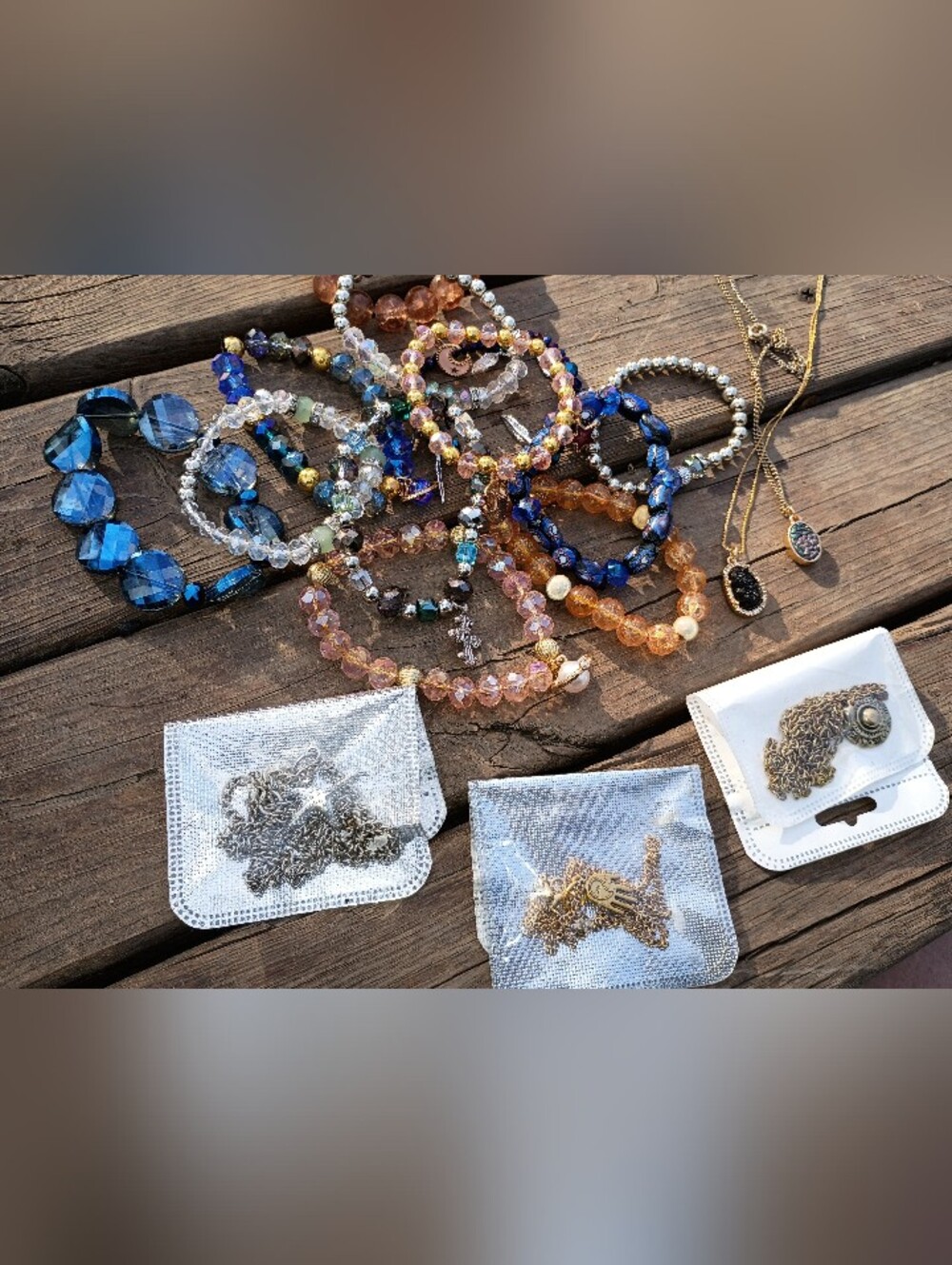 Mixed Beaded Bracelets and Necklace Lot - Blue, Pink, Gold
